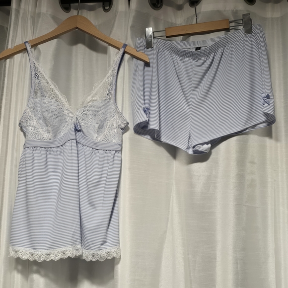 Laura Ashley Other - Laura Ashley Light Blue & White Striped Lace Cami and Shorts Pajama Set